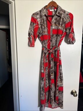 New York & Company Red and Brown Snake-Print Midi Shirt Dress